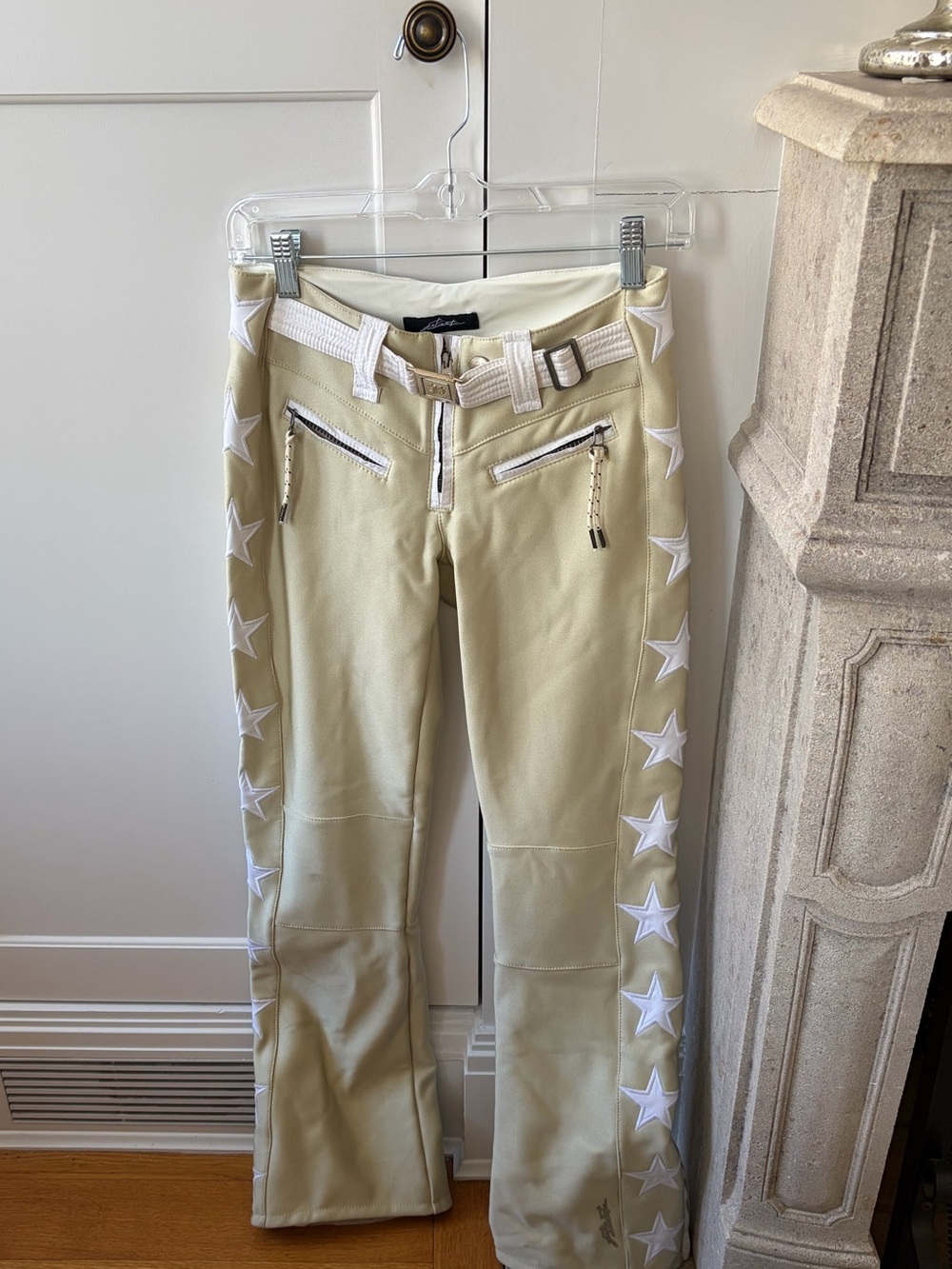 Jet Set Star-Trim Beige Ski Pants with White Stars